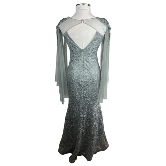 Dekolte Beaded Lace Sequin Evening Gown Mermaid Illusion Cape Sleeve Formal 42 - Picture 13 of 16